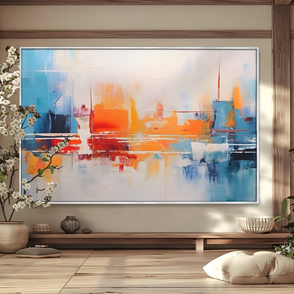 Tablou canvas cu pictura abstracta cu peisaj urban, in rama de aluminiu argintiu